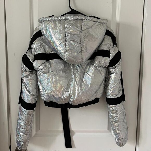 Dolls Kill Space Raid Silver Holographic Cropped Puffer Jacket with Hood (XS) - Picture 3 of 9
